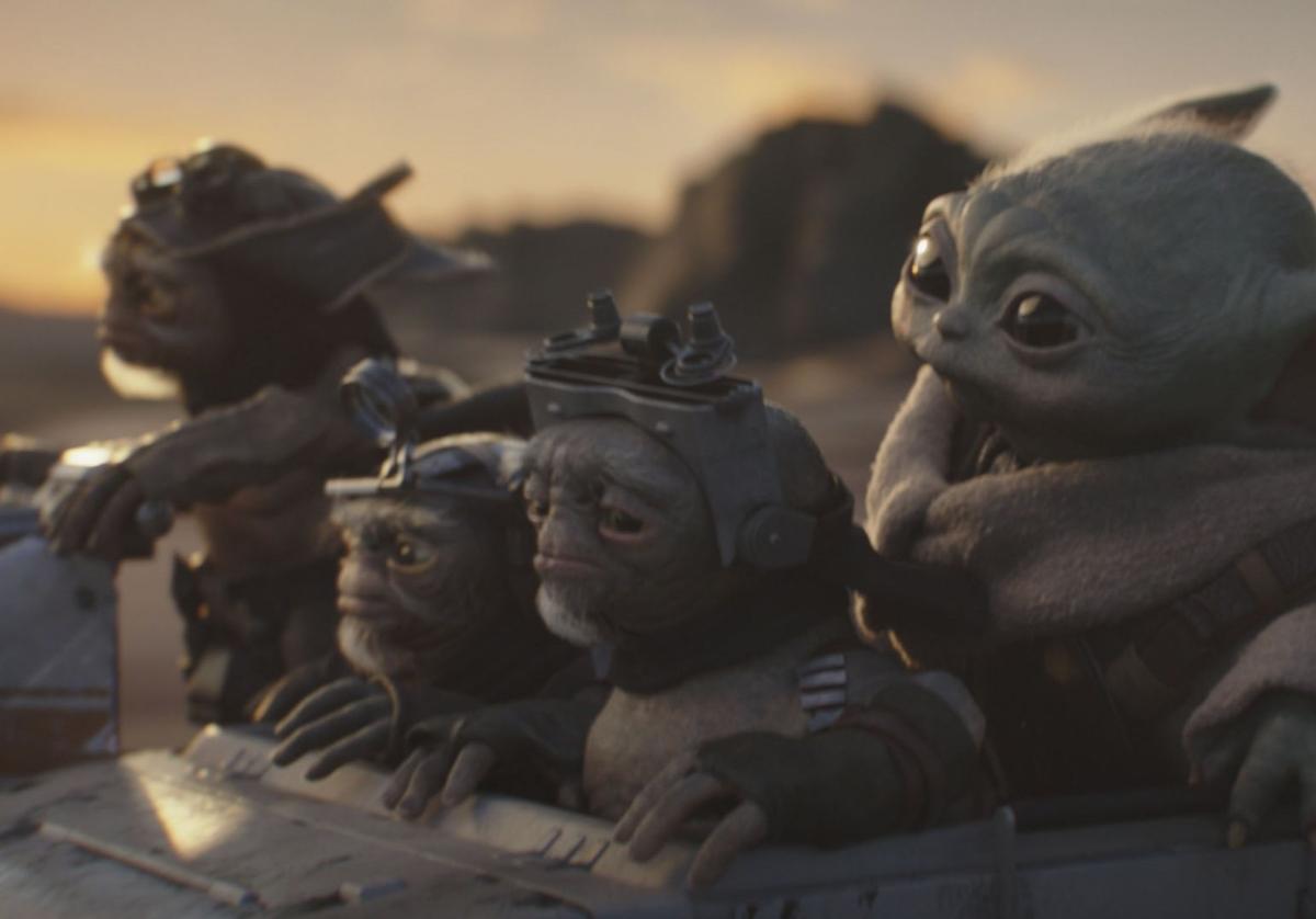 Bai, Clang, Keeto y Grogu, en un fotograma de la película'The Mandalorian and Grogu'.